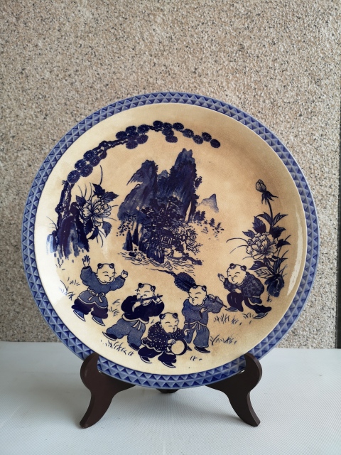 古玩陶瓷六十至八十年代青花嬰戲紋盤拍賣，當前價格298元