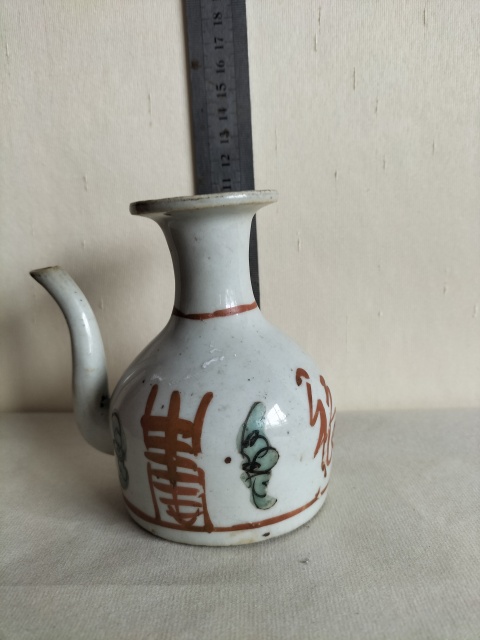 古玩陶瓷晚清紅綠彩吉語紋無柄壺拍賣,當前價格188元