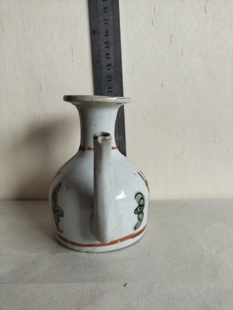 古玩陶瓷晚清紅綠彩吉語紋無柄壺拍賣,當前價格188元