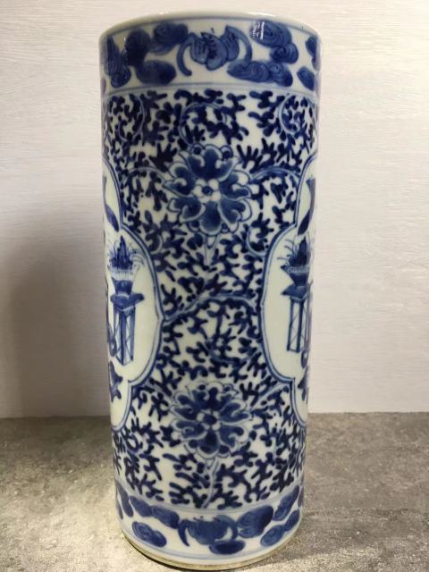 古玩陶瓷青花纏枝花卉清供博古圖帽筒拍賣,當前價格8500元