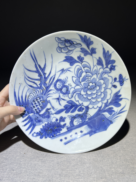 古玩陶瓷清中早·青花鳳凰牡丹紋盤真品鑒賞圖