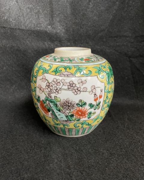 古玩陶瓷五彩開光花鳥紋蓋罐拍賣，當前價格1280元