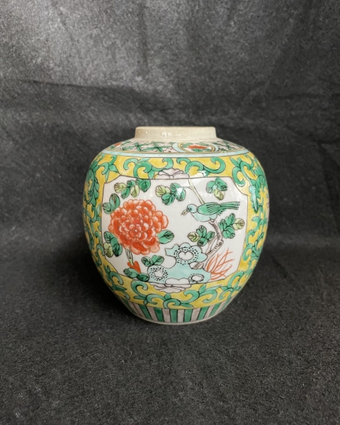 古玩陶瓷五彩開光花鳥紋蓋罐拍賣，當前價格1280元
