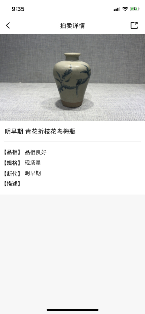 古玩陶瓷明早期 青花折枝花鳥紋梅瓶拍賣，當前價格6500元