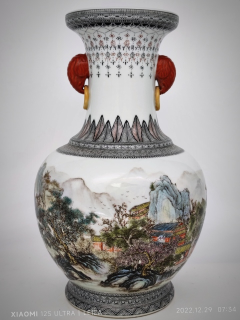 民国・張志湯製款・古陶磁器・粉彩開窗風景紋六方花盆一対・箱付』極細