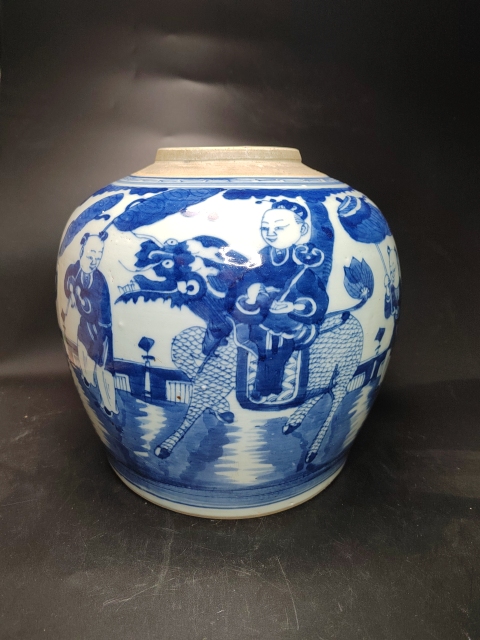 古玩陶瓷清道光青花麒麟送子圖罐拍賣，當前價格1888元