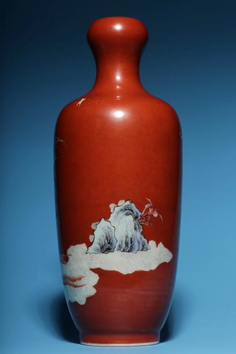 古玩陶瓷民國粉彩**紅地粉彩神仙人物蒜頭瓶拍賣，當前價格45800元