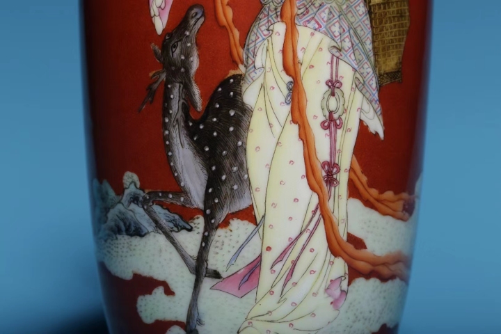 古玩陶瓷民國粉彩**紅地粉彩神仙人物蒜頭瓶拍賣，當前價格45800元