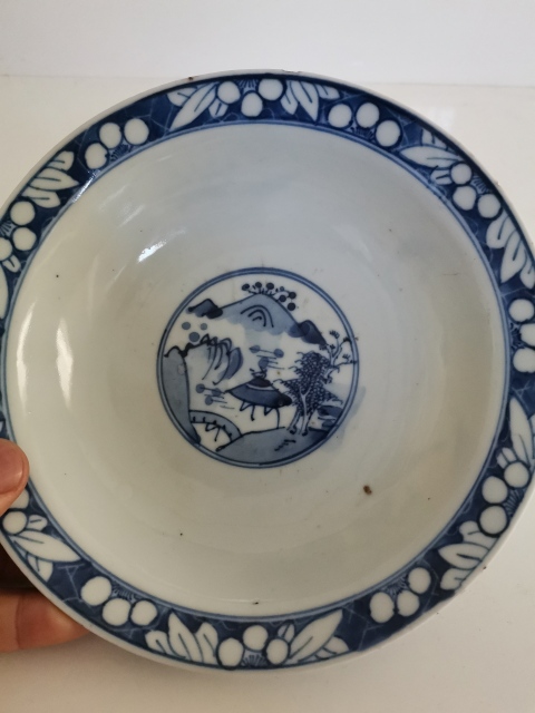 古玩陶瓷晚清三星高照圖青花折沿碗拍賣，當前價格1200元