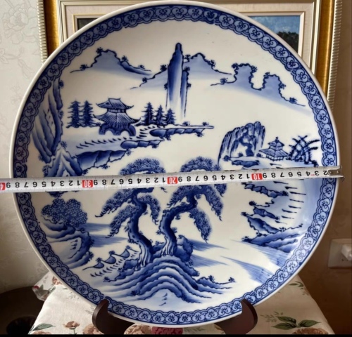 古玩陶瓷精美民國大正時期山水紋青花大盤拍賣,當(dāng)前價格480元