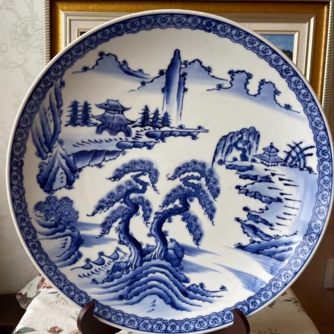 古玩陶瓷精美民國大正時期山水紋青花大盤拍賣,當(dāng)前價格480元