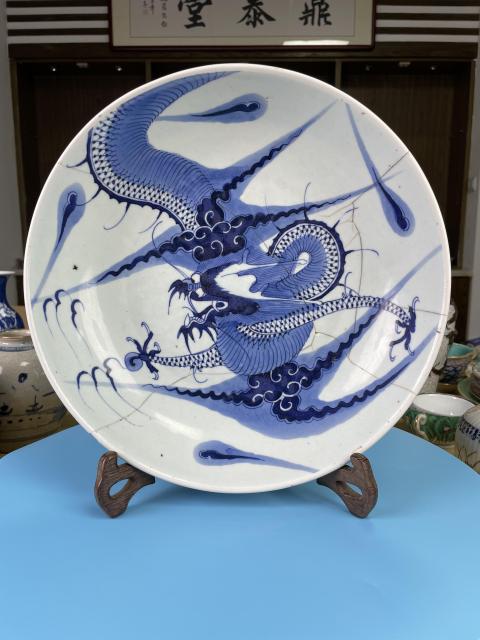 古玩陶瓷清雍正 青花過墻龍紋盤(重器特大盤)拍賣,當前價格2500元