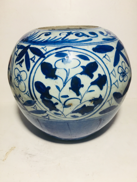 古玩陶瓷晚清民國青花開窗花卉紋西瓜罐拍賣，當(dāng)前價(jià)格0元