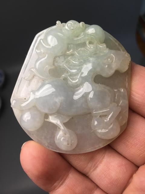 古玩玉器【A貨翡翠】天然翡翠馬上封侯拍賣，當前價格1800元