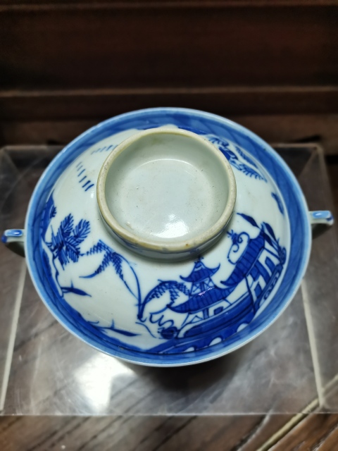 古玩陶瓷清晚期青花亭臺山水紋雙耳杯拍賣，當前價格3000元
