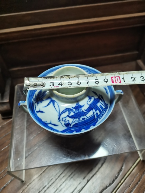 古玩陶瓷清晚期青花亭臺山水紋雙耳杯拍賣，當前價格3000元
