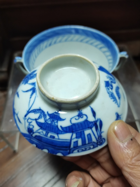 古玩陶瓷清晚期青花亭臺山水紋雙耳杯拍賣，當前價格3000元