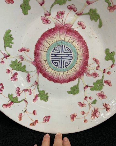 古玩陶瓷晚清粉彩花卉紋大賞盤拍賣，當前價格3000元