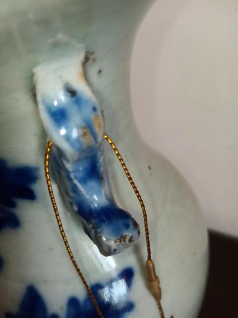 古玩陶瓷晚清豆青釉青花花卉紋獅耳洗口瓶拍賣，當前價格1680元