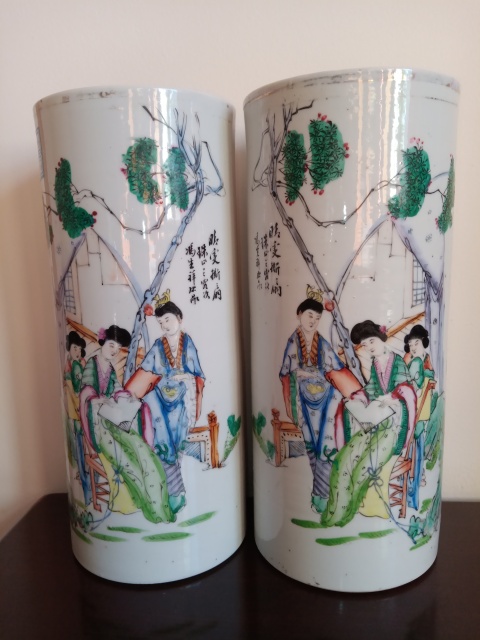 古玩陶瓷民國粉彩人物帽筒一對拍賣，當前價格2580元