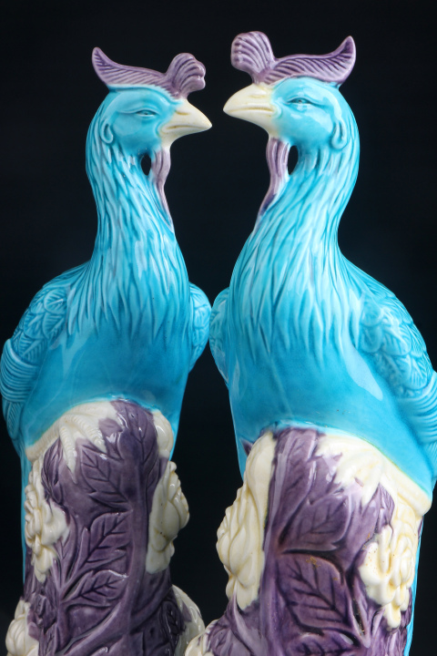 古玩陶瓷【7449-50】567孔雀藍釉鳳凰牡丹瓷塑擺件一對拍賣,當前價格2480元