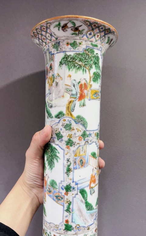 古玩陶瓷全網孤品!晚清咸豐綠廣彩人物紋廣彩冒筒!拍賣,當前價格5000元