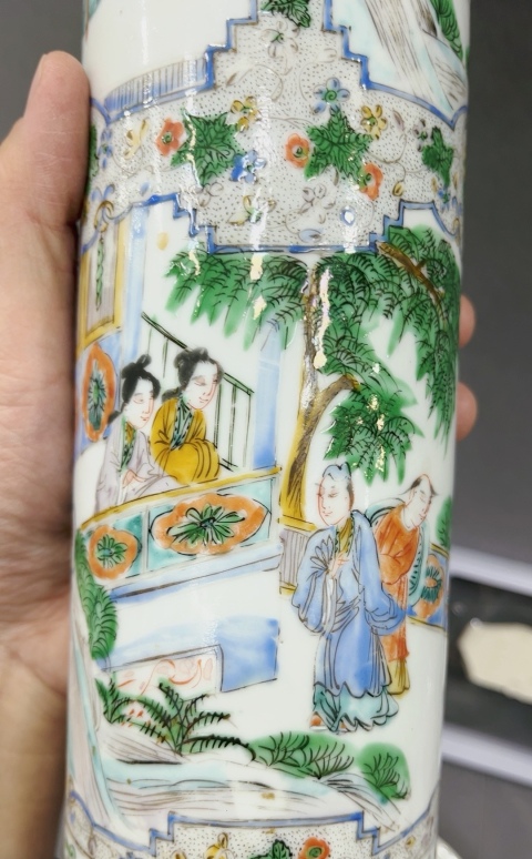 古玩陶瓷全網孤品!晚清咸豐綠廣彩人物紋廣彩冒筒!拍賣,當前價格5000元