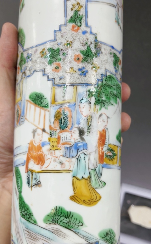 古玩陶瓷全網孤品!晚清咸豐綠廣彩人物紋廣彩冒筒!拍賣,當前價格5000元