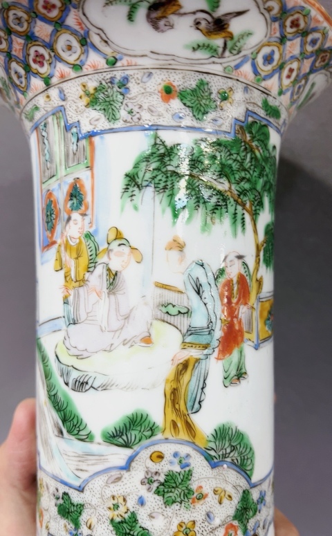 古玩陶瓷全網孤品!晚清咸豐綠廣彩人物紋廣彩冒筒!拍賣,當前價格5000元