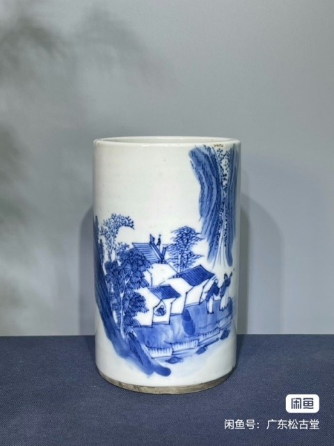 古玩陶瓷晚清山水紋青花筆筒拍賣，當(dāng)前價格3800元