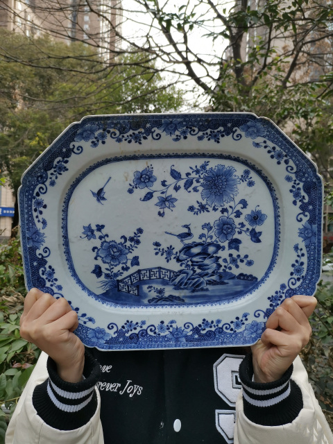 古玩陶瓷40cm全品清乾隆  青花牡丹花鳥(niǎo)圖長(zhǎng)方盤(pán)-7892拍賣(mài)，當(dāng)前價(jià)格6800元