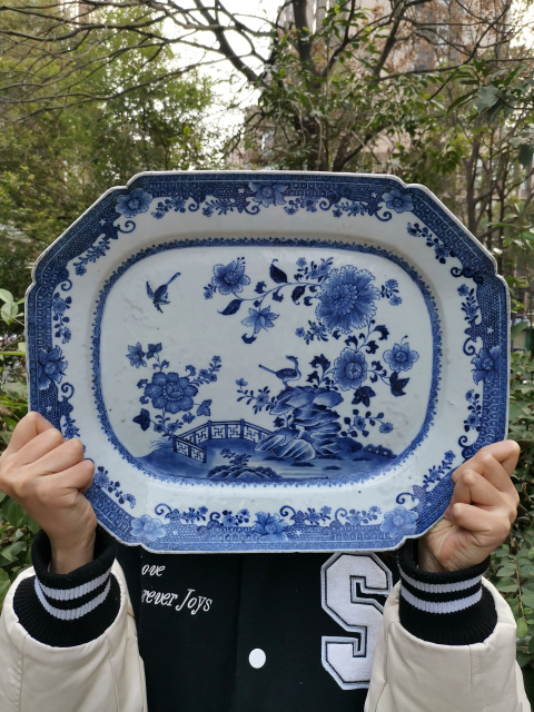 古玩陶瓷40cm全品乾隆  青花牡丹花鳥圖長方盤-7891拍賣，當(dāng)前價格7000元