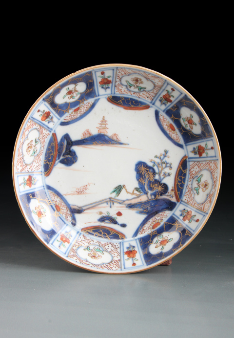 古玩陶瓷7720-21】清康熙??青花五彩錦地花卉紋杯盤拍賣，當前價格4500元