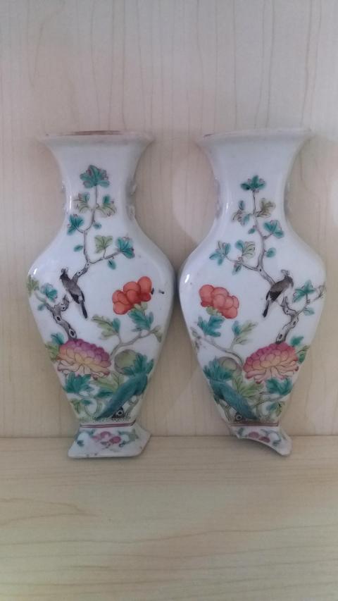 古玩陶瓷晚清花鳥紋粉彩壁瓶拍賣，當前價格2300元