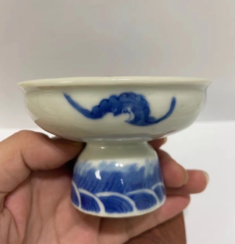 古玩陶瓷晚清青花高足格盤(細路）拍賣，當前價格1500元