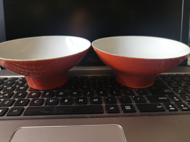 古玩陶瓷民國，礬紅高足碗一對，全品。拍賣，當前價格1666元