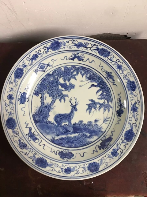 古玩陶瓷鹿鶴同春青花大盤拍賣，當前價格30000元