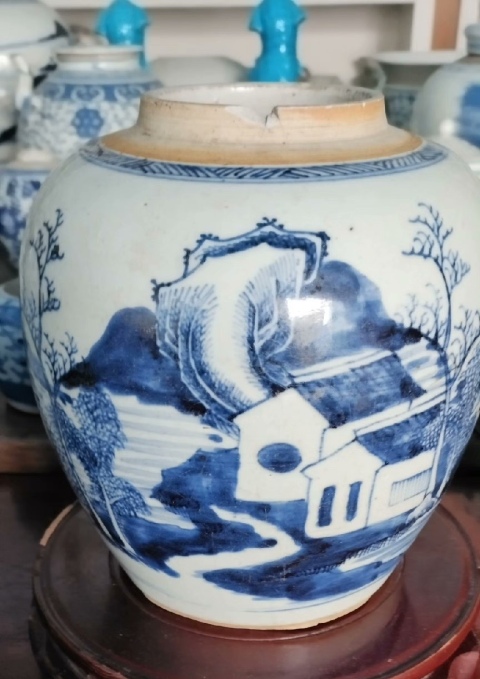 古玩陶瓷山水紋青花罐拍賣，當前價格2600元