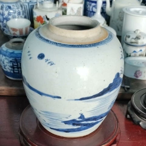 古玩陶瓷山水紋青花罐拍賣，當前價格2600元