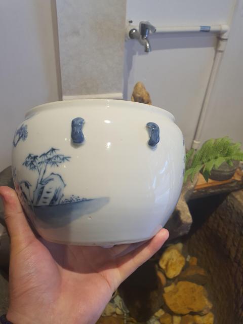 古玩陶瓷清晚青花加紫松鹿詩文粥罐拍賣,當前價格2800元