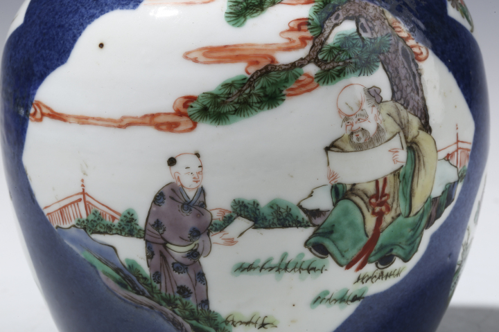古玩陶瓷清晚·灑藍開窗五彩松下高士圖罐拍賣,當前價格3280元
