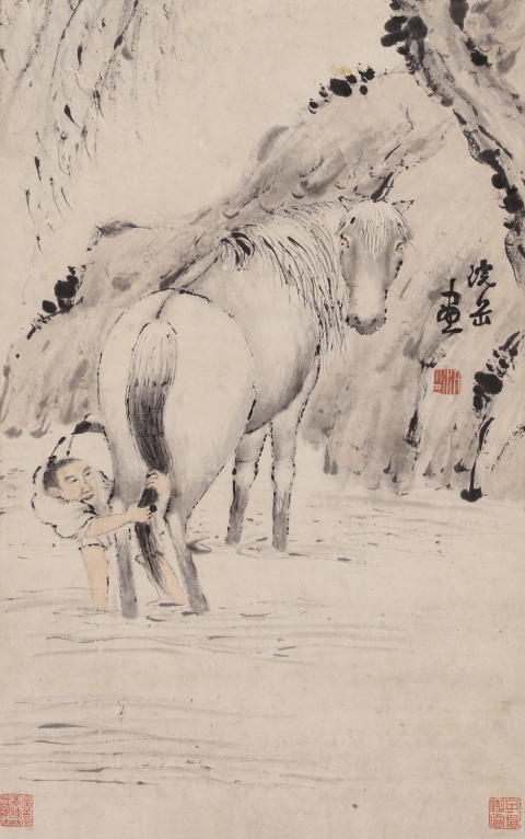 古玩字畫清代名家朱沆《洗馬圖》拍賣，當前價格38000元