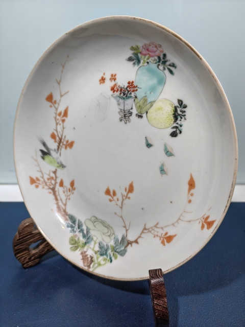 古玩陶瓷上海文物公司庫出 傳世全品清晚期同治淺絳彩花鳥博古圖盤拍賣，當前價格8000元