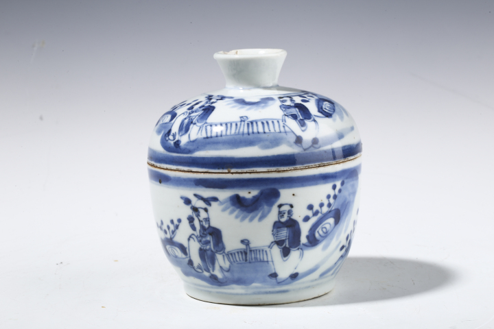 古玩陶瓷清晚·青花和合二仙紋蓋缸拍賣,當前價格950元