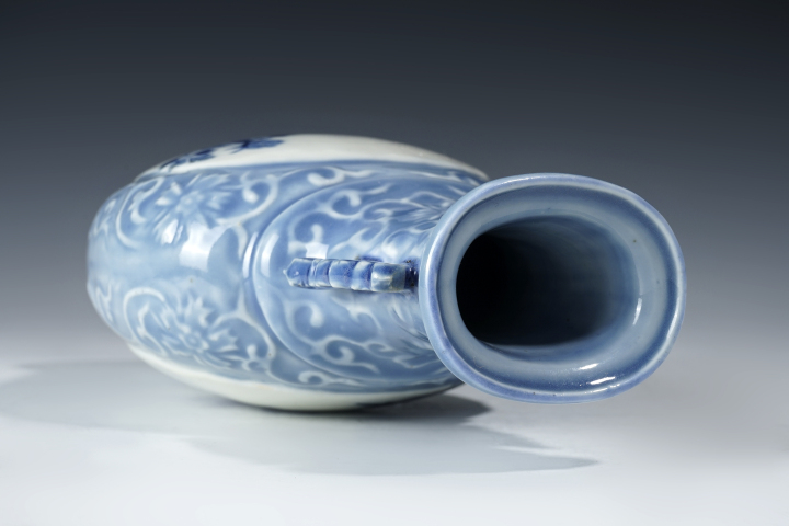 豆青釉 青花花鳥紋 天藍釉雙耳瓶 民国 中国古玩美術唐物擺件旧家蔵出