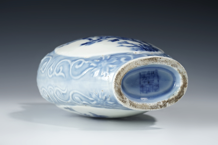 豆青釉 青花花鳥紋 天藍釉雙耳瓶 民国 中国古玩美術唐物擺件旧家蔵出