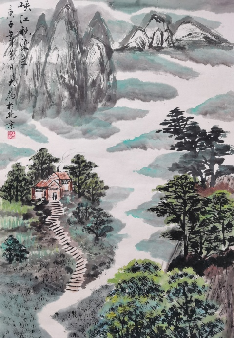 古玩字畫王大為峽江秋色山水畫拍賣,當前價格3800元