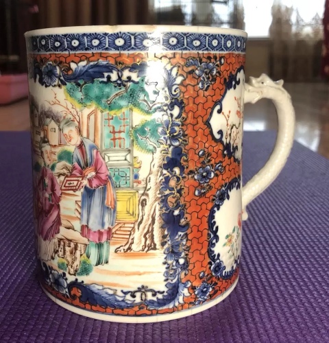 古玩陶瓷少見的超大號清乾隆青花廣彩描金人物故事紋馬克杯拍賣，當前價格2920元