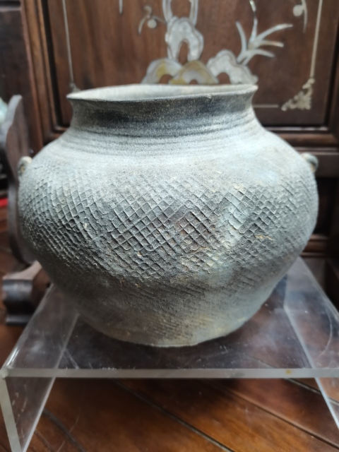 古玩陶瓷戰漢灰陶印紋雙系罐拍賣，當前價格3888元
