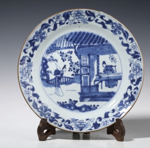 古玩陶瓷清康熙西廂記鶯鶯聽琴圖青花折沿盤拍賣，當前價格4888元